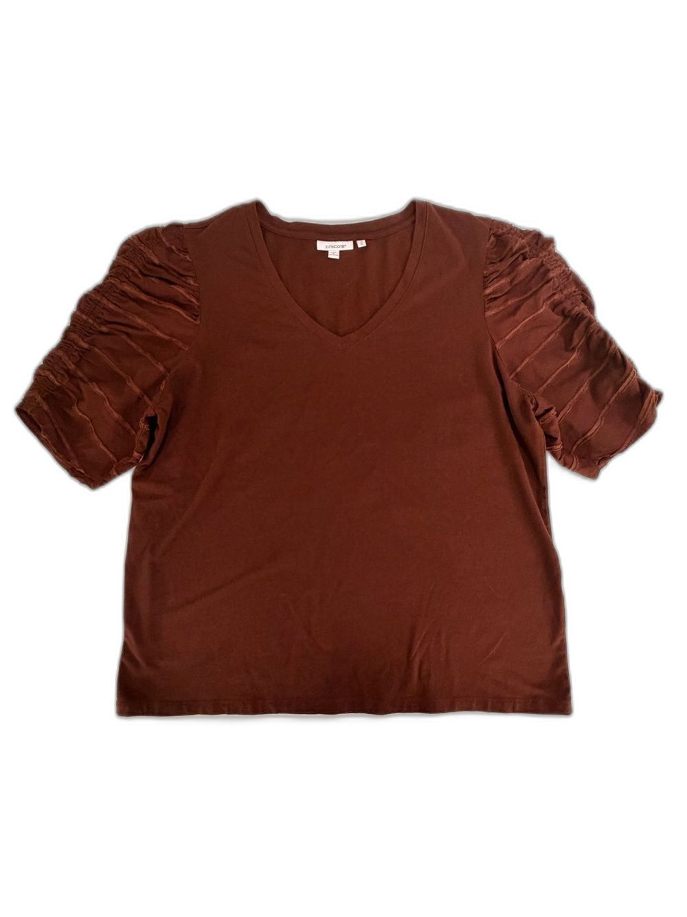 Chico's Brown Pleated Puff Ruched Sleeve V-Neck T-Shirt Top Women Size 3 XL 16